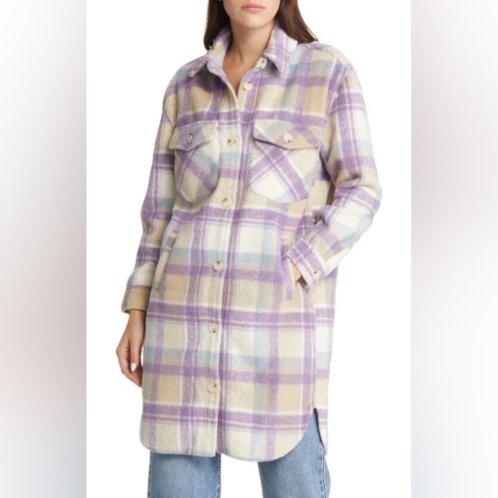 BLANK NYC Jacket Shacket Womens Lilac Plaid Collar Button Down Long Sleeve Large
